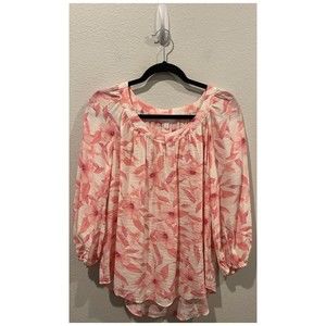 LC LAUREN CONRAD Floral Pink V-Neck 3/4 Sleeve Blouse